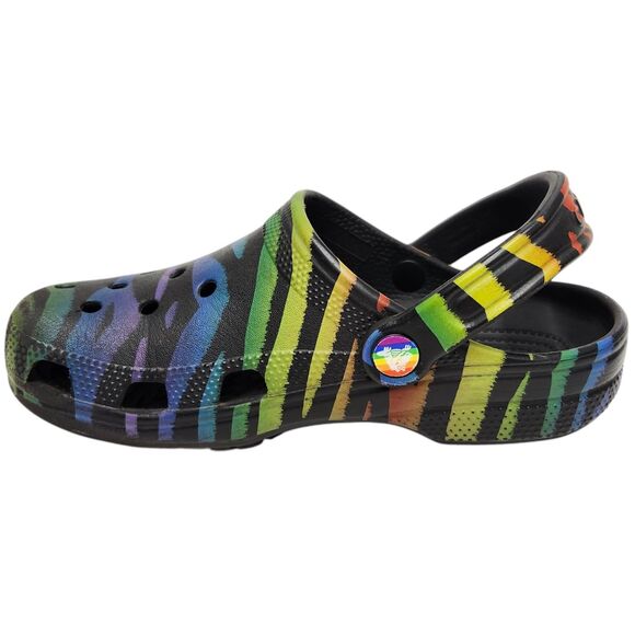 Crocs Classic Clogs Womens 6 Mens 4 Black Rainbow Zebra Stripes Slip On Casual - Picture 4 of 10